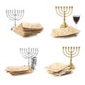 Set with Passover matzos, wine and menorahs on white background. Pesach celebration Royalty Free Stock Photo