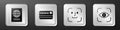 Set Passport, Credit card, Face recognition and Eye scan icon. Silver square button. Vector