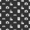 Set Passport, Photo camera, Taxi car roof and Suitcase on seamless pattern. Vector