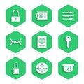 Set Passport, Target, Motion sensor, Key, Safe combination lock, Barbed wire, and Lock icon. Vector Royalty Free Stock Photo