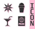 Set Passport, Wind rose, Martini glass and Ice cream in waffle cone icon. Vector Royalty Free Stock Photo