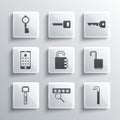 Set Password protection, Crowbar, Open padlock, Safe combination, Key, Mobile and graphic password, Old key and icon Royalty Free Stock Photo