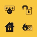Set Password protection, Firewall, security wall, House under and Open padlock icon with long shadow. Vector Royalty Free Stock Photo