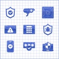 Set Password protection, Laptop protected with shield, System bug, Smartphone, Browser exclamation mark, Safe and Shield