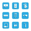 Set Password protection, Lock repair, Crowbar, Broken key, Bicycle lock, Digital door and computer monitor icon. Vector