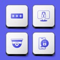 Set Password protection, Lock, Security camera and Mobile with closed padlock icon. White square button. Vector Royalty Free Stock Photo