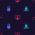 Set Password protection, Padlock with clock, Monitor password and Bezier curve on seamless pattern. Vector