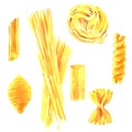 Set pasta, different types of Italian pasta, cannelloni, penne, fusilli, spaghetti, fettuccine, conchiglie, italian Royalty Free Stock Photo