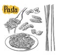 Set pasta - farfalle, conchiglie, penne, fusilli, spaghetti Royalty Free Stock Photo