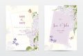 Set of pastel purple watercolor invitation cards with lilac flower Royalty Free Stock Photo