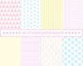 Set pastel seamless patterns. Gentle, simple, concise patterns. Pastel colors, pink, blue, yellow pattern. Royalty Free Stock Photo