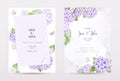 Set of pastel watercolor invitation cards with purple hydrangea flowers Royalty Free Stock Photo