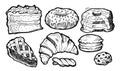 Set of pastries and buns. Hand drawing outline. Isolated on white background. Loaf and bread sweet rolls. Monochrome Royalty Free Stock Photo