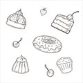 A set of pastries and a sweet dessert in the doodle style. A hand-drawn vector illustration isolated on a white Royalty Free Stock Photo