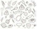 A set of pastries and a sweet dessert in the doodle style. A hand-drawn vector illustration isolated on a white Royalty Free Stock Photo