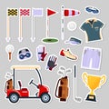Set of patch badges golf equipment icon logo in flat style. Clothes and accessories for golfing, sport game, vector