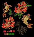 Set of patches with embroidery of Japanese koi carp and peony..