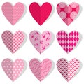 Set of patchwork vintage hearts in stitched textile style.