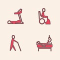 Set Patient with broken leg, Treadmill machine, Woman wheelchair and Blind human holding stick icon. Vector