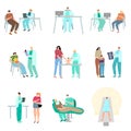 Set of patients visiting different doctors for diagnostic procedures and examination. Vector illustration in cartoon