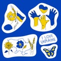 Set of patriotic stickers of Ukrainian illustration with heands and heart, butterfly, map, poppy, wheat and phrase I