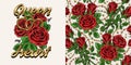 Set of pattern, emblem with text, lush blooming red roses, golden hearts, chains Royalty Free Stock Photo
