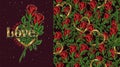 Set of pattern, emblem with text, red roses, golden heart shaped frame Royalty Free Stock Photo