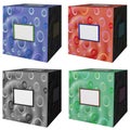 Set of patterned 3D boxes with white labels.