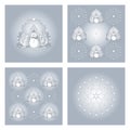 Set of patterns christmas theme. Snowman, fir forest, falling snow, star and flake. White and blue. Royalty Free Stock Photo
