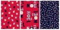 Set of patterns for Christmas wrapping paper. Festive backgrounds with snowflakes, confetti, the lettering Noel