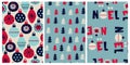 Set of patterns for Christmas wrapping paper. Festive backgrounds with Christmas trees, the lettering Noel, bauble
