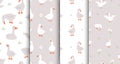 Set of patterns with cute white gooses. Domestic and wild ducks on farm. Hand drawn print. Perfect for fabric, package