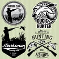 Set of patterns with duck, dip, gun, hunter for hunting emblem