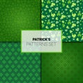 Set Of Patterns For Saint Patricks Day Holiday Seamless Backgrounds With Shamrock Leaves