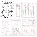 Set of patterns of women clothes and elements of sewing.