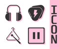 Set Pause button, Headphones, Triangle musical instrument and Guitar pick icon. Vector Royalty Free Stock Photo
