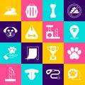Set Paw print, Cat nose, Dog bone, collar, Clockwork mouse and scratching post icon. Vector