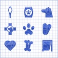 Set Paw print, Dog bone, Door for pet, and pills, Heart with dog, Veterinary clinic symbol, and Pets vial medical icon Royalty Free Stock Photo