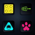 Set Paw print, Dog and pills, Pet bed and Dog muzzle. Black square button. Vector