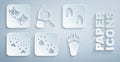 Set Paw print, Horse paw footprint, Fox, Bear, Magnifying glass with footsteps and Seagull icon. Vector