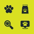 Set Paw print, Location veterinary hospital, Veterinary clinic and Bag of food for pet icon. Vector