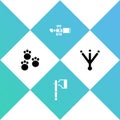 Set Paw print, Wooden axe, Sniper optical sight and Bird footprint icon. Vector