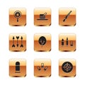 Set Paw search, Bullet, Cartridges, Tree, Hipster arrows, Shotgun, Target sport and Hunter hat with feather icon. Vector Royalty Free Stock Photo