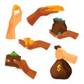 Set of payment icons, hands with money equivalent