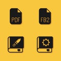 Set PDF file document, User manual, Book about weapon and FB2 File icon with long shadow. Vector Royalty Free Stock Photo