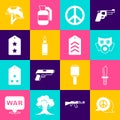 Set Peace, Military knife, Gas mask, Bullet, rank, helmet and Chevron icon. Vector Royalty Free Stock Photo