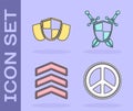 Set Peace, Shield, Military rank and Medieval shield with crossed swords icon. Vector