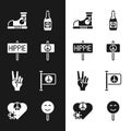 Set Peace, Sneakers, Beer bottle, symbol, Flag peace, Smile face and Love icon. Vector