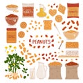 Set of peanuts on a white background. Collection of peanut products. Vector illustration in freehand drawing style