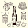 Set of pear cider. Harvest pear, press, barrel, glass and cider bottle. Craft fruit beer collection
